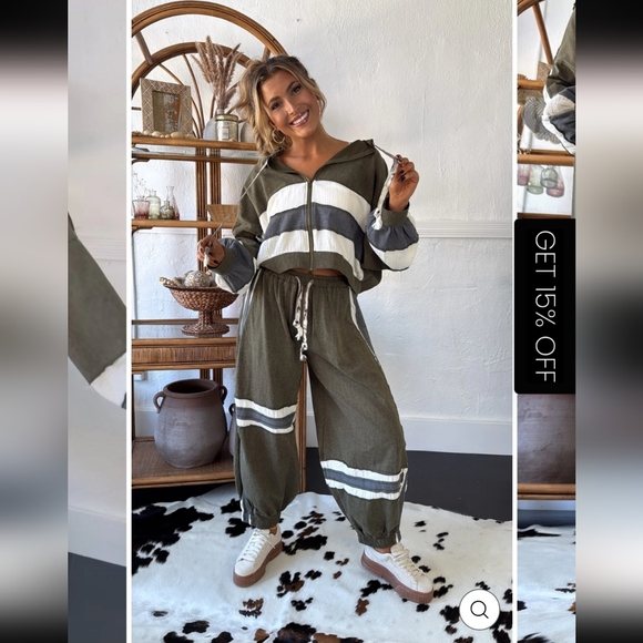 POL Colorblock Olive White Blue Striped 100% Cotton Zip Up Hoodie Boutique Boho - Picture 5 of 13